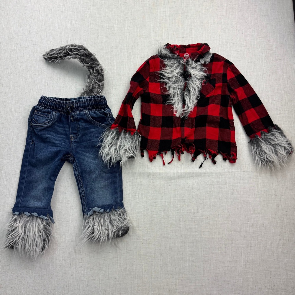 Wonder Nation Cat & Jack Werewolf Costume Kids 4T 2T Red Plaid Faux Fur Wolf Set